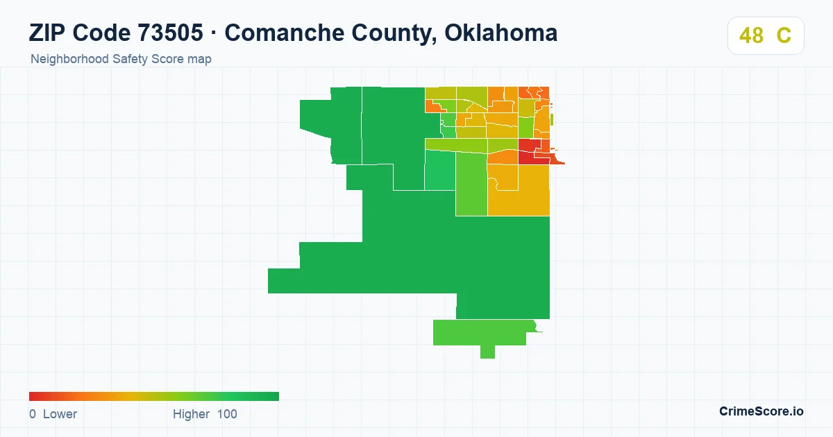 ZIP Code 73505 in Comanche County, Oklahoma neighborhood Safety Score map