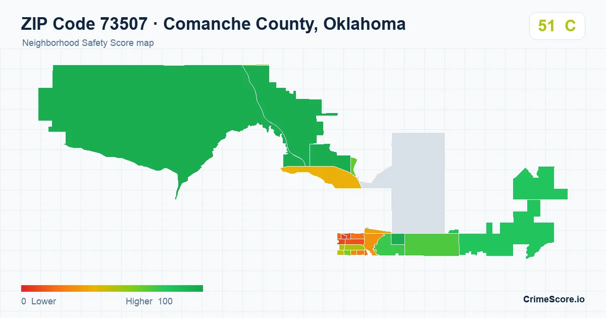 ZIP Code 73507 in Comanche County, Oklahoma neighborhood Safety Score map