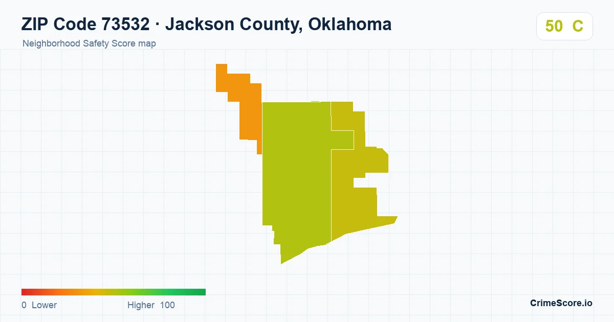 ZIP Code 73532 in Jackson County, Oklahoma neighborhood Safety Score map