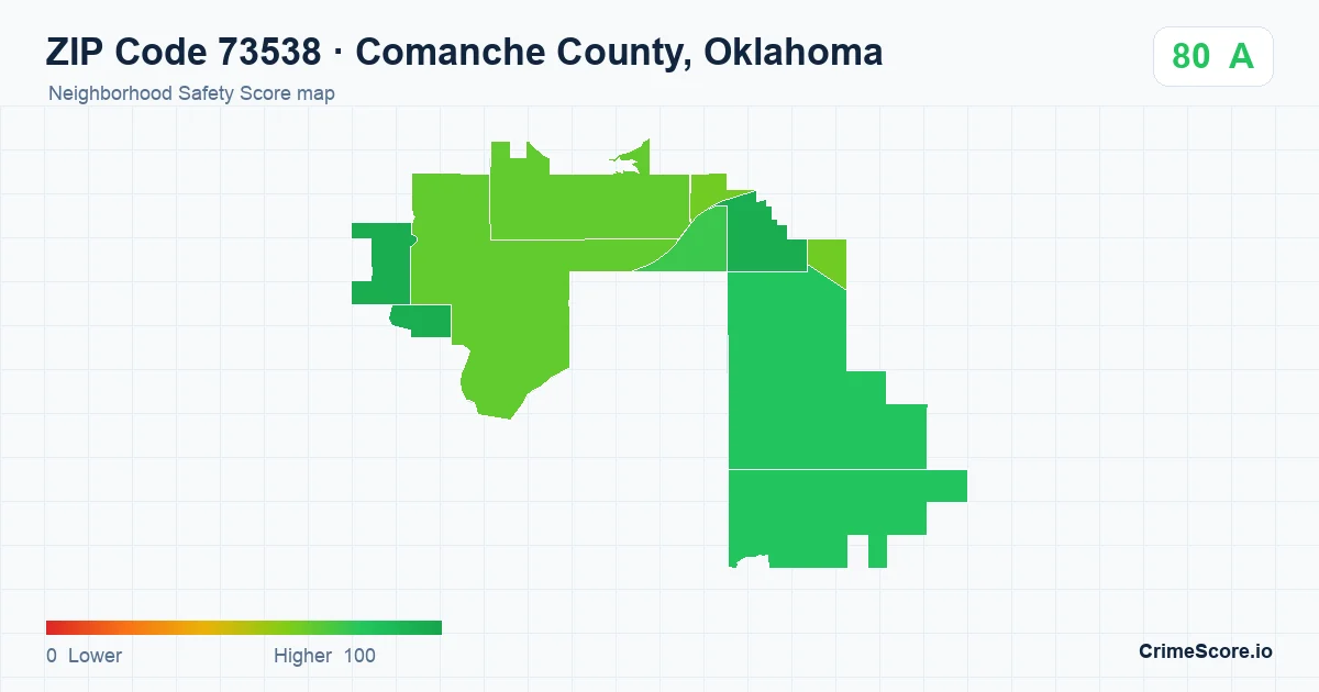 ZIP Code 73538 in Comanche County, Oklahoma neighborhood Safety Score map