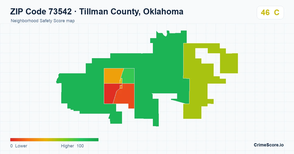 ZIP Code 73542 in Tillman County, Oklahoma neighborhood Safety Score map