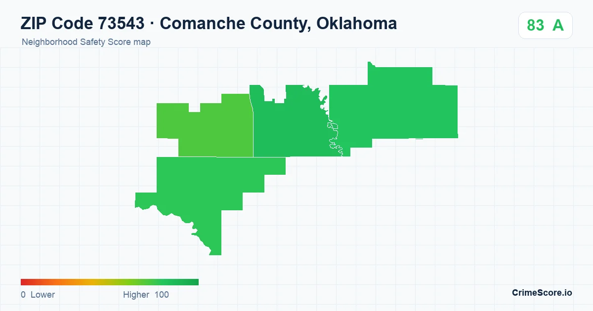 ZIP Code 73543 in Comanche County, Oklahoma neighborhood Safety Score map