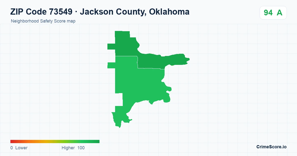 ZIP Code 73549 in Jackson County, Oklahoma neighborhood Safety Score map