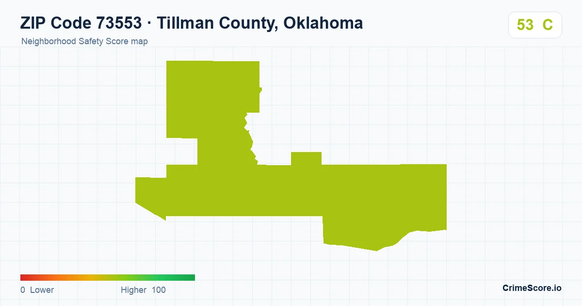 ZIP Code 73553 in Tillman County, Oklahoma neighborhood Safety Score map