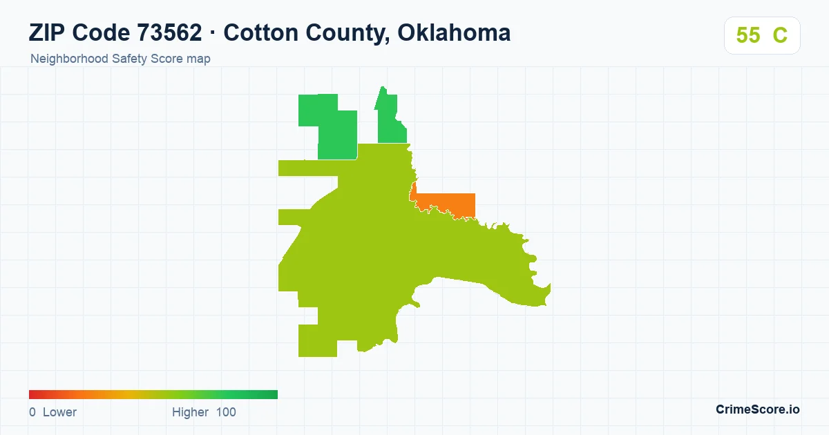 ZIP Code 73562 in Cotton County, Oklahoma neighborhood Safety Score map