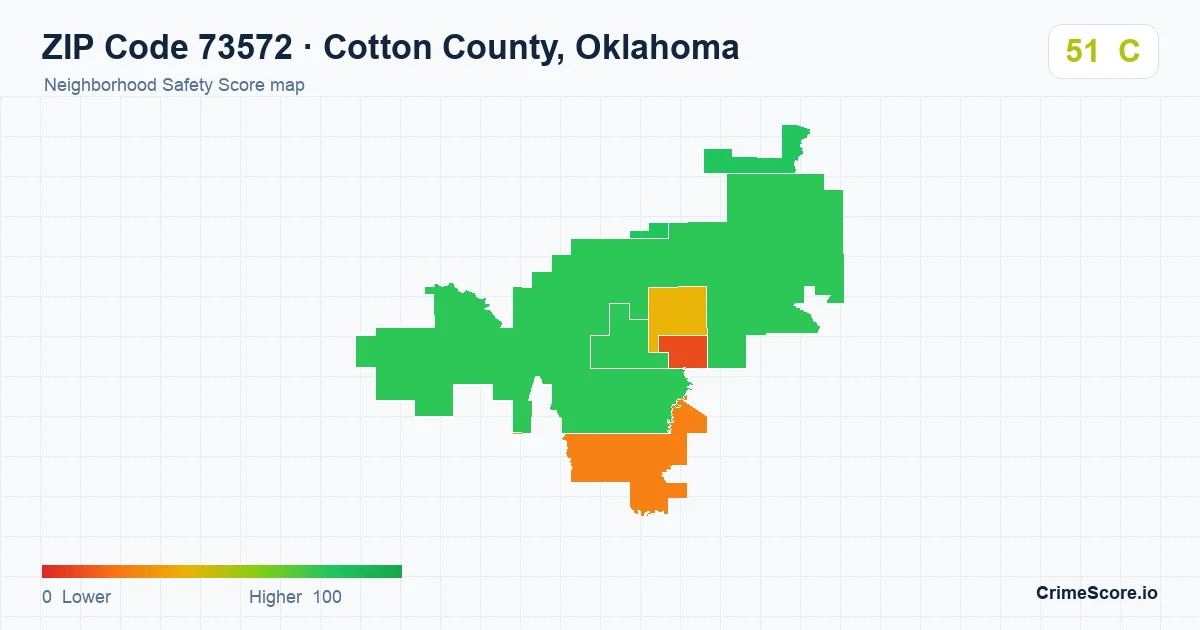 ZIP Code 73572 in Cotton County, Oklahoma neighborhood Safety Score map