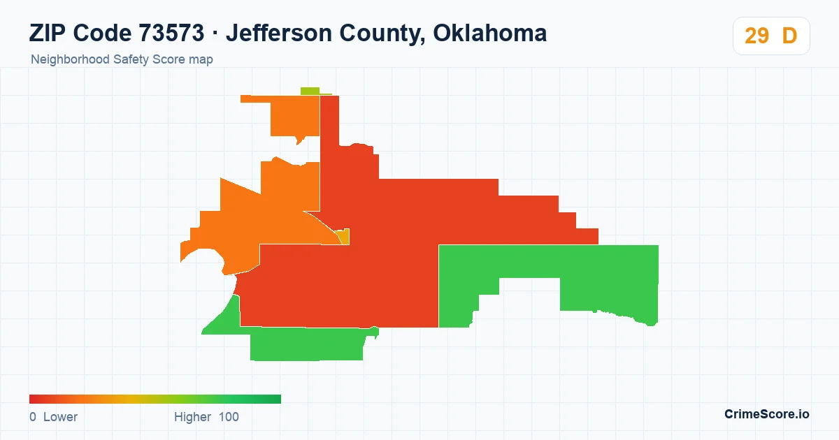 ZIP Code 73573 in Jefferson County, Oklahoma neighborhood Safety Score map