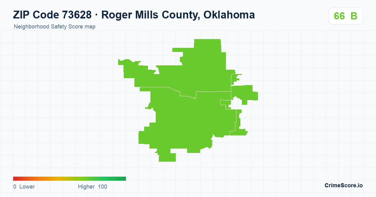ZIP Code 73628 in Roger Mills County, Oklahoma neighborhood Safety Score map