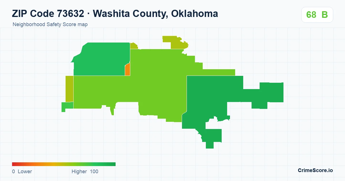 ZIP Code 73632 in Washita County, Oklahoma neighborhood Safety Score map