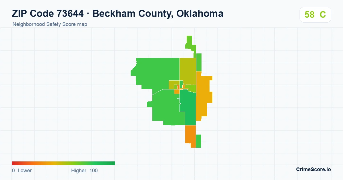 ZIP Code 73644 in Beckham County, Oklahoma neighborhood Safety Score map