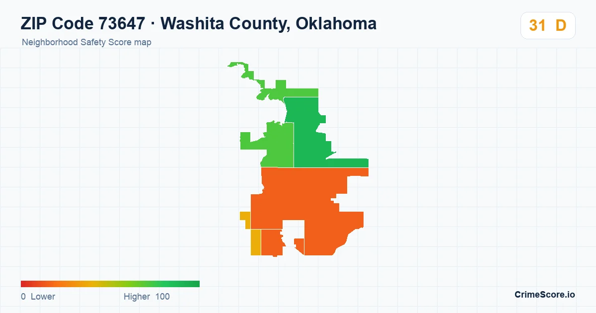 ZIP Code 73647 in Washita County, Oklahoma neighborhood Safety Score map