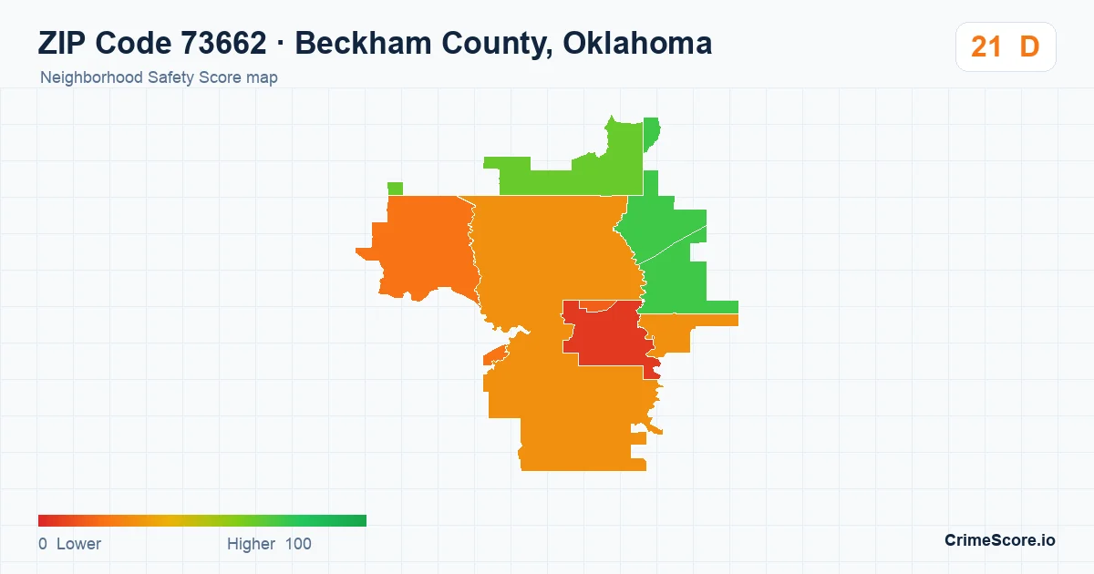 ZIP Code 73662 in Beckham County, Oklahoma neighborhood Safety Score map