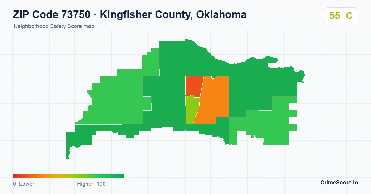 ZIP Code 73750 in Kingfisher County, Oklahoma neighborhood Safety Score map