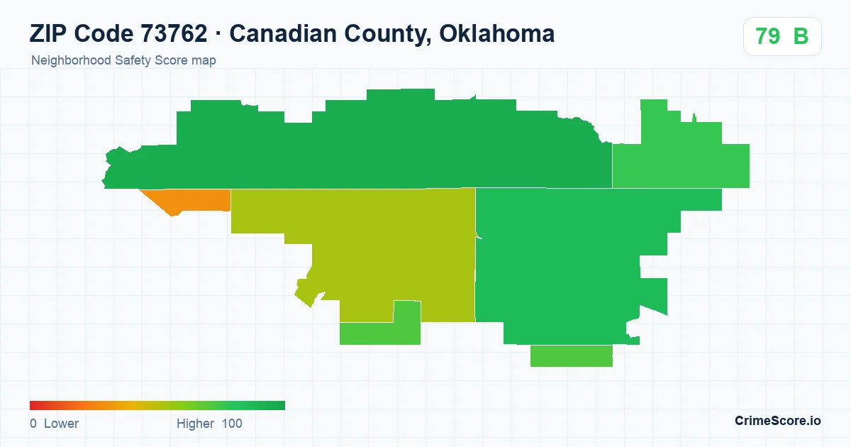 ZIP Code 73762 in Canadian County, Oklahoma neighborhood Safety Score map