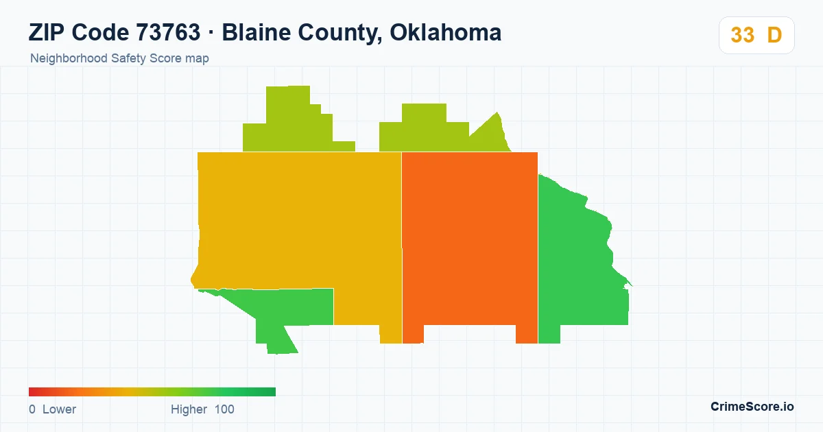 ZIP Code 73763 in Blaine County, Oklahoma neighborhood Safety Score map