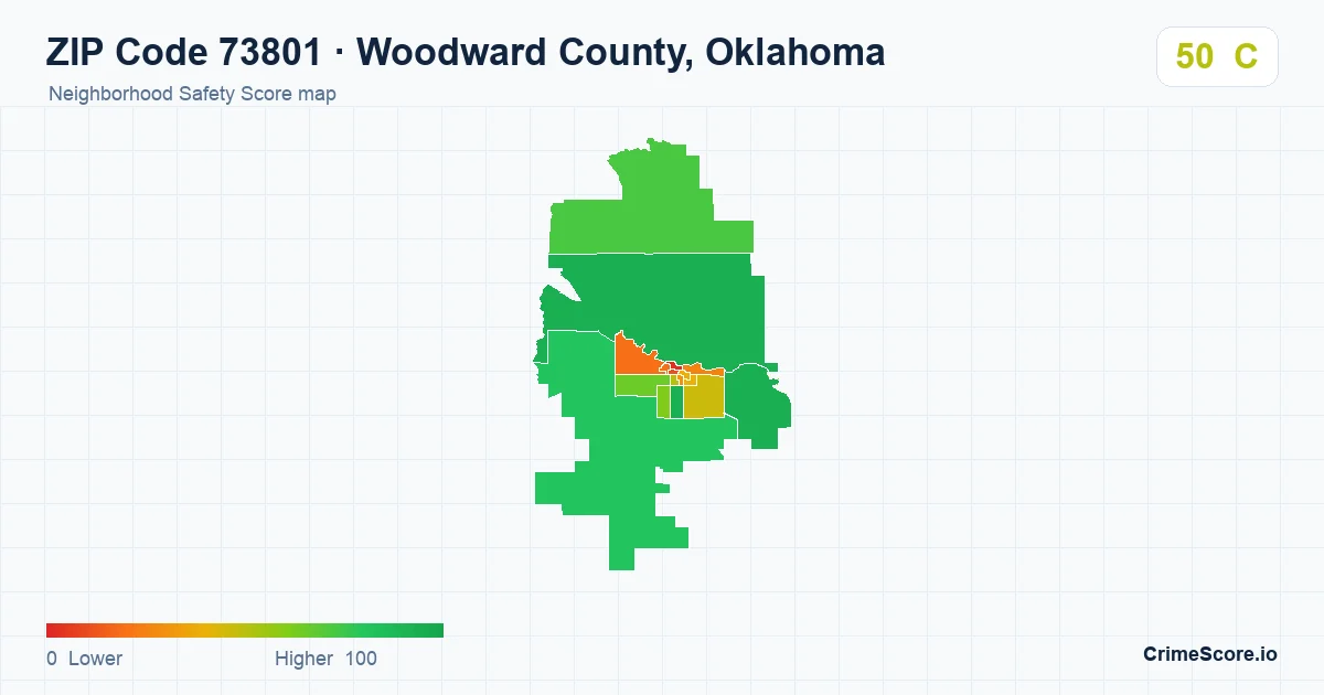 ZIP Code 73801 in Woodward County, Oklahoma neighborhood Safety Score map