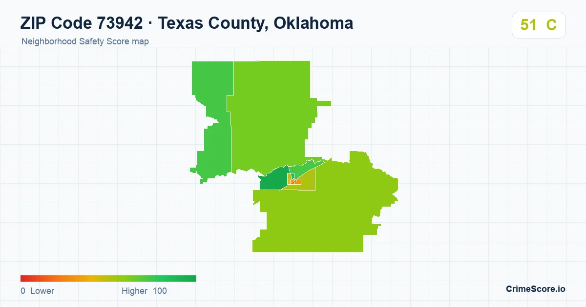 ZIP Code 73942 in Texas County, Oklahoma neighborhood Safety Score map
