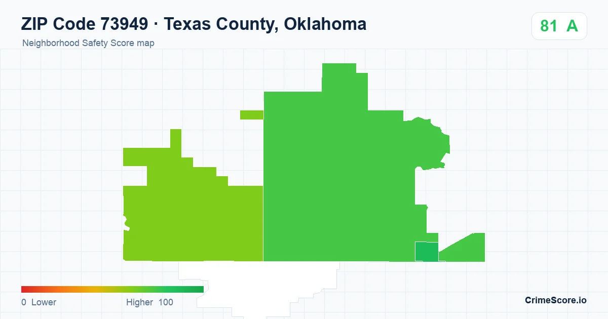 ZIP Code 73949 in Texas County, Oklahoma neighborhood Safety Score map