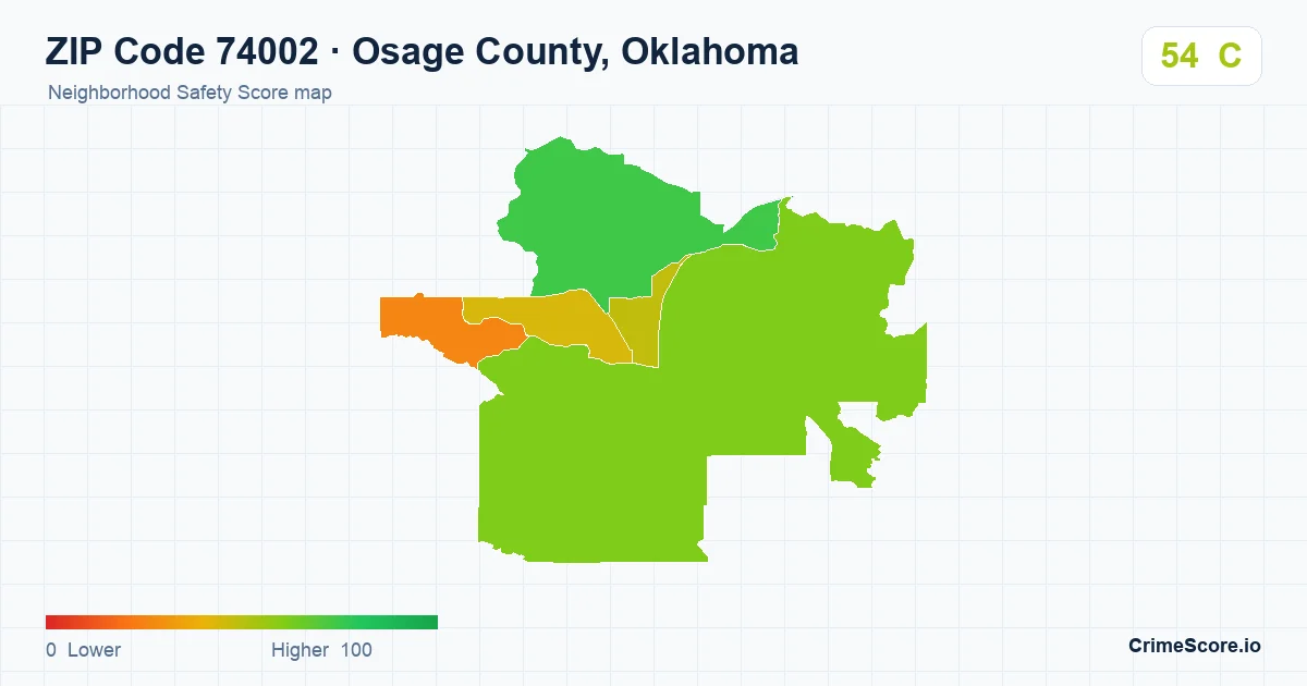 ZIP Code 74002 in Osage County, Oklahoma neighborhood Safety Score map