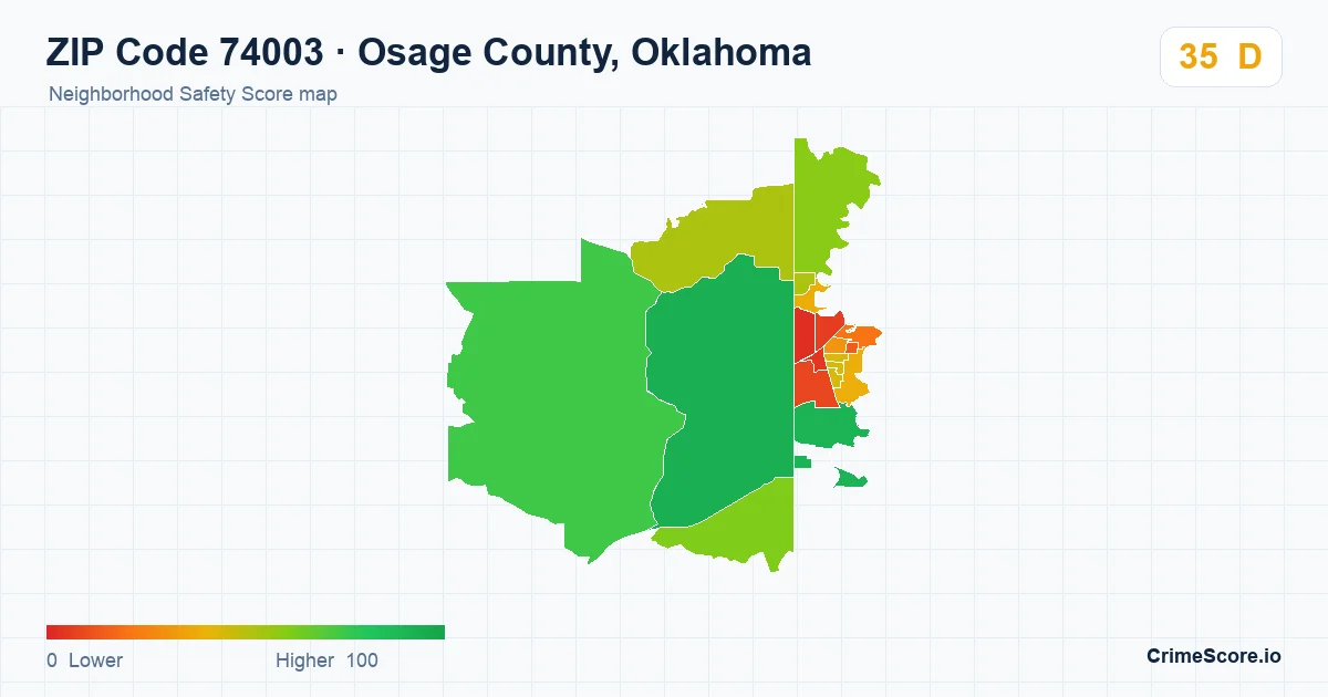 ZIP Code 74003 in Osage County, Oklahoma neighborhood Safety Score map