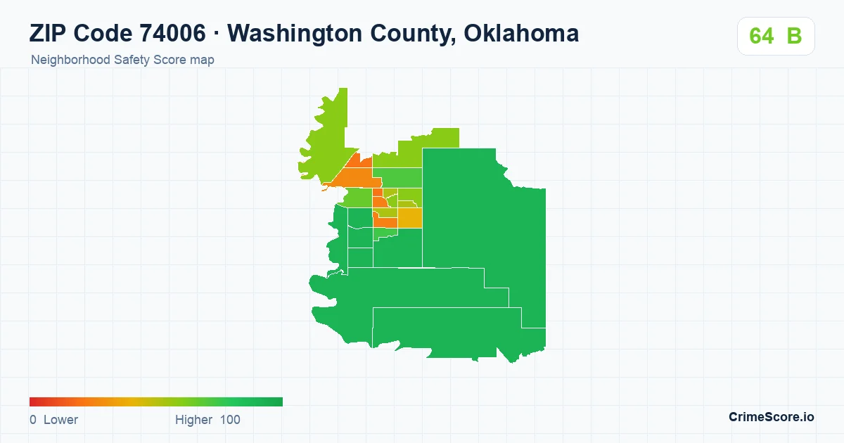 ZIP Code 74006 in Washington County, Oklahoma neighborhood Safety Score map