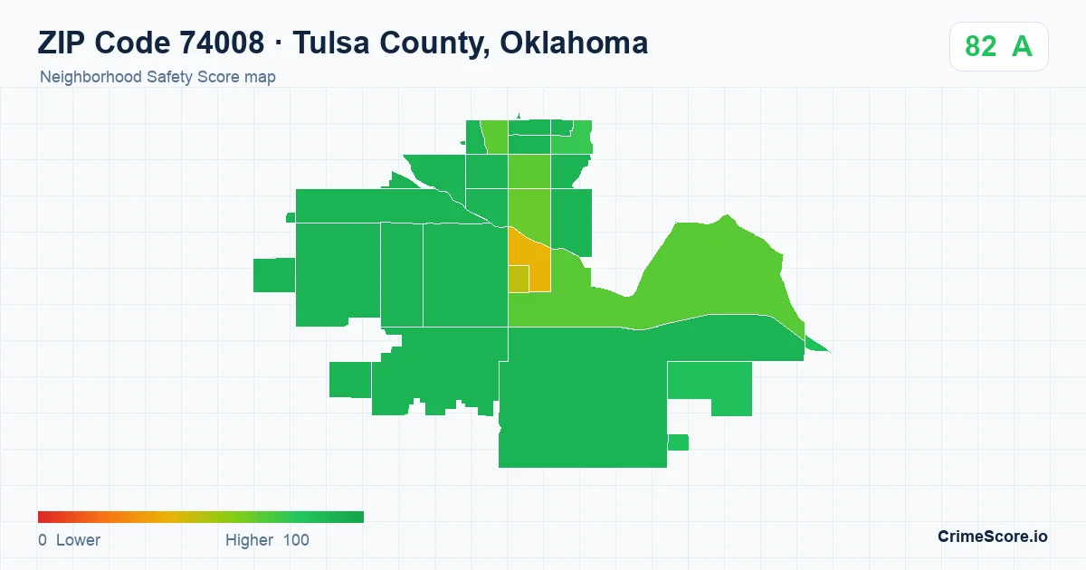 ZIP Code 74008 in Tulsa County, Oklahoma neighborhood Safety Score map