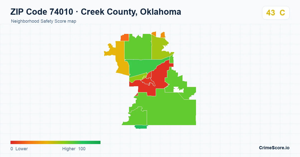 ZIP Code 74010 in Creek County, Oklahoma neighborhood Safety Score map