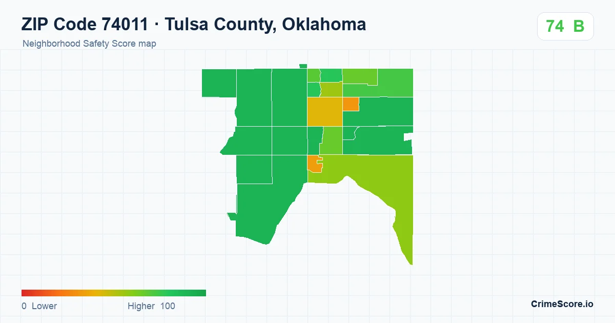 ZIP Code 74011 in Tulsa County, Oklahoma neighborhood Safety Score map