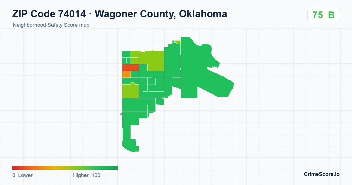 ZIP Code 74014 in Wagoner County, Oklahoma neighborhood Safety Score map