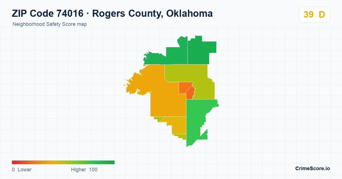 ZIP Code 74016 in Rogers County, Oklahoma neighborhood Safety Score map