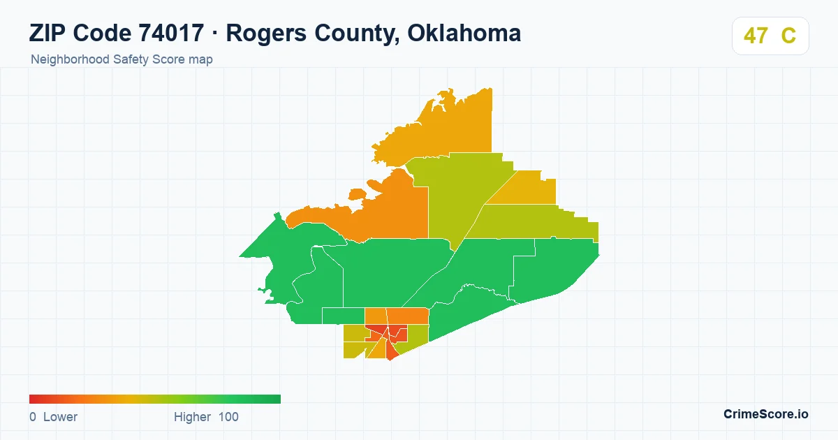 ZIP Code 74017 in Rogers County, Oklahoma neighborhood Safety Score map