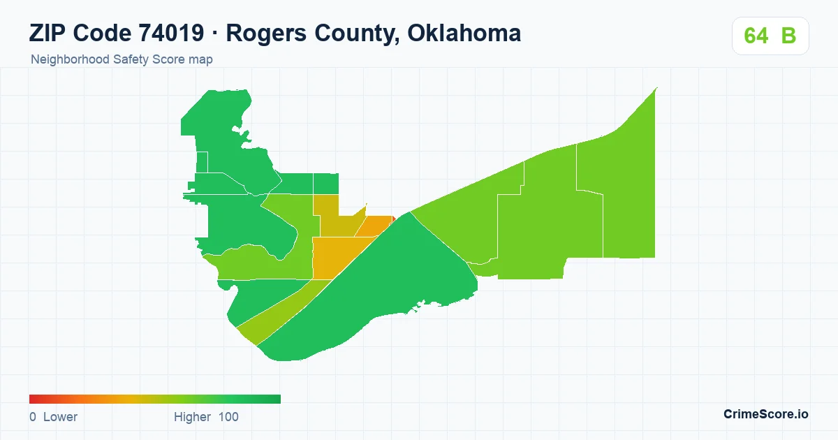 ZIP Code 74019 in Rogers County, Oklahoma neighborhood Safety Score map