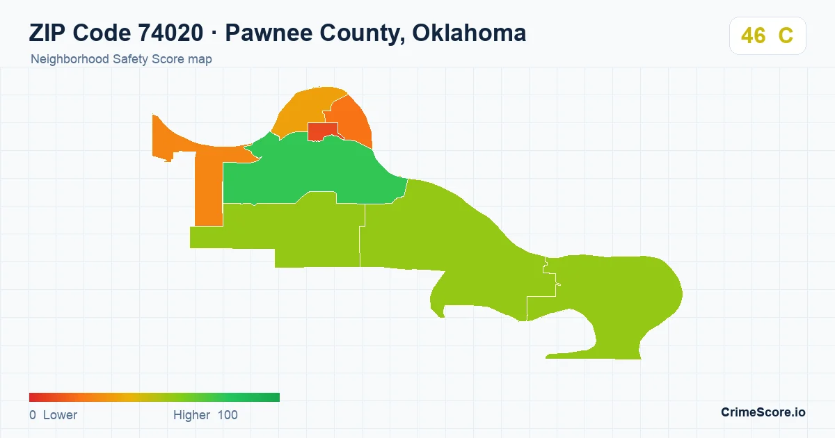 ZIP Code 74020 in Pawnee County, Oklahoma neighborhood Safety Score map