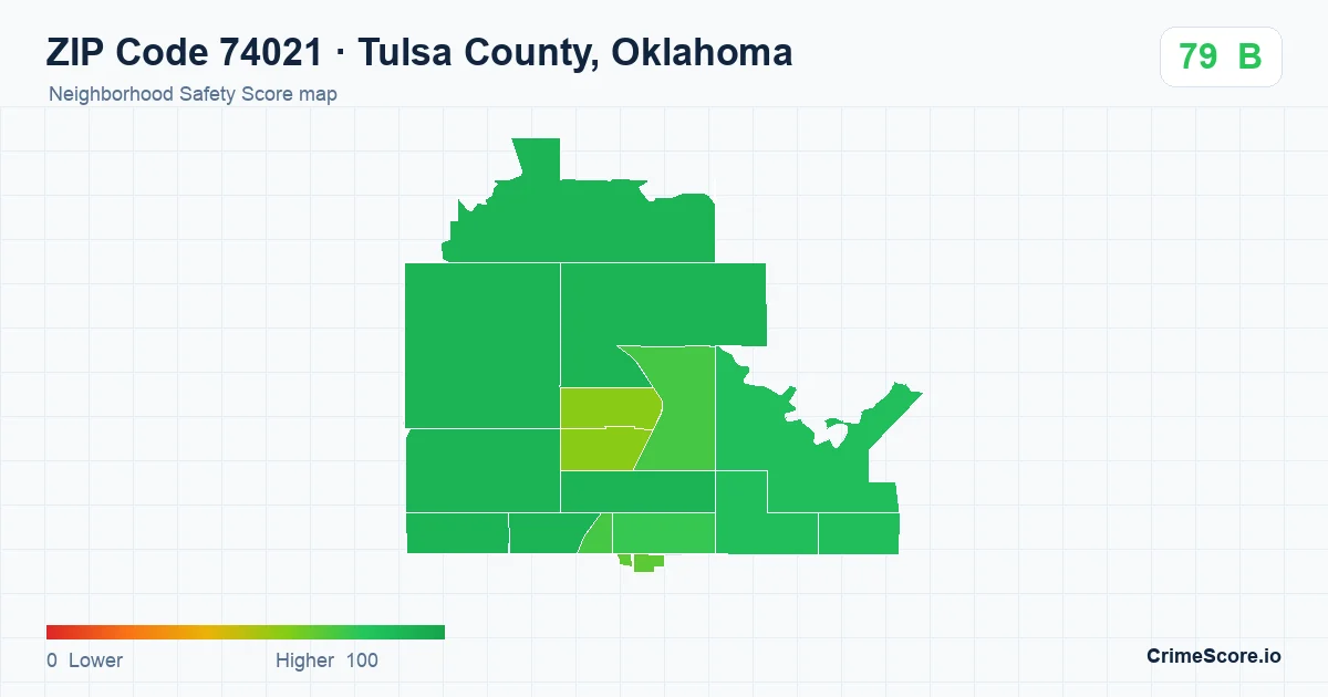ZIP Code 74021 in Tulsa County, Oklahoma neighborhood Safety Score map