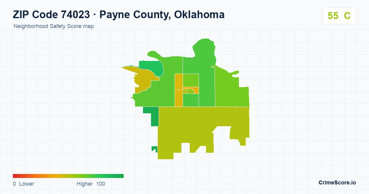 ZIP Code 74023 in Payne County, Oklahoma neighborhood Safety Score map