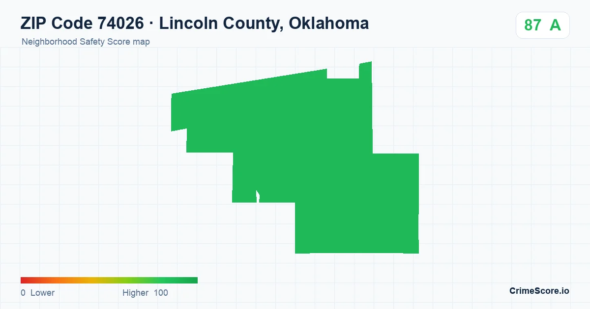 ZIP Code 74026 in Lincoln County, Oklahoma neighborhood Safety Score map