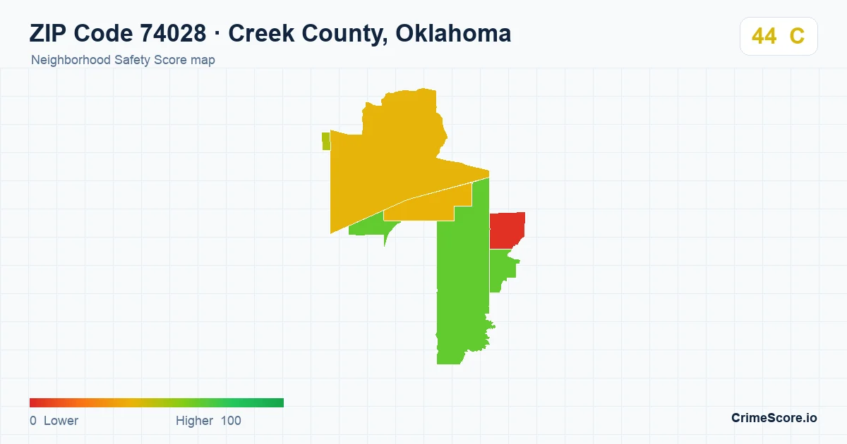 ZIP Code 74028 in Creek County, Oklahoma neighborhood Safety Score map