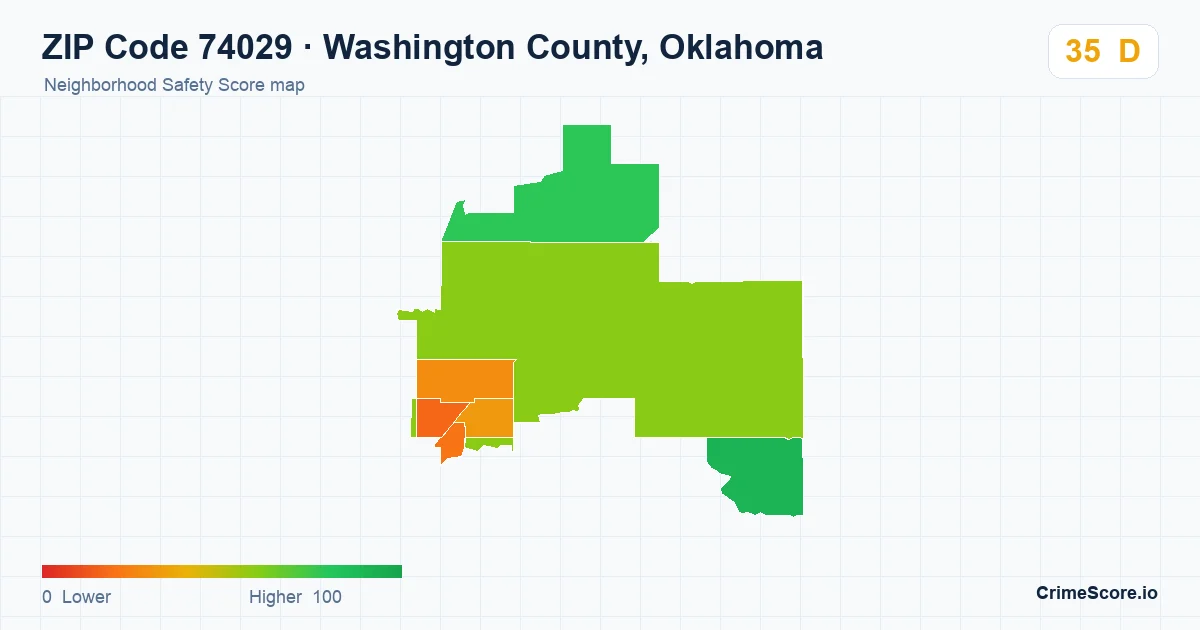 ZIP Code 74029 in Washington County, Oklahoma neighborhood Safety Score map