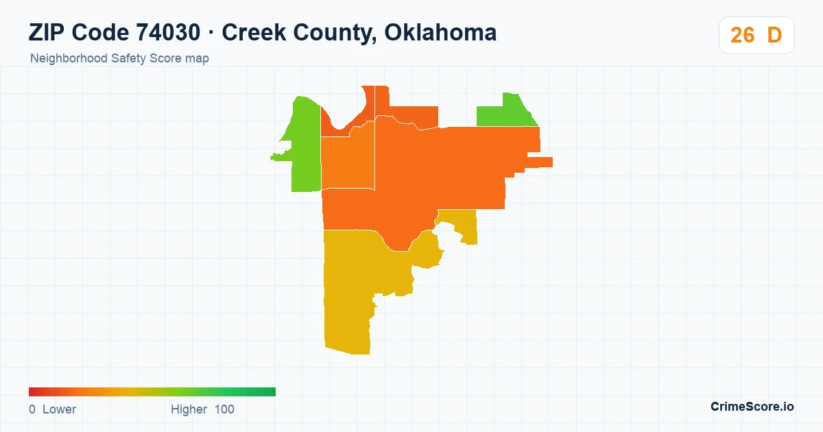 ZIP Code 74030 in Creek County, Oklahoma neighborhood Safety Score map