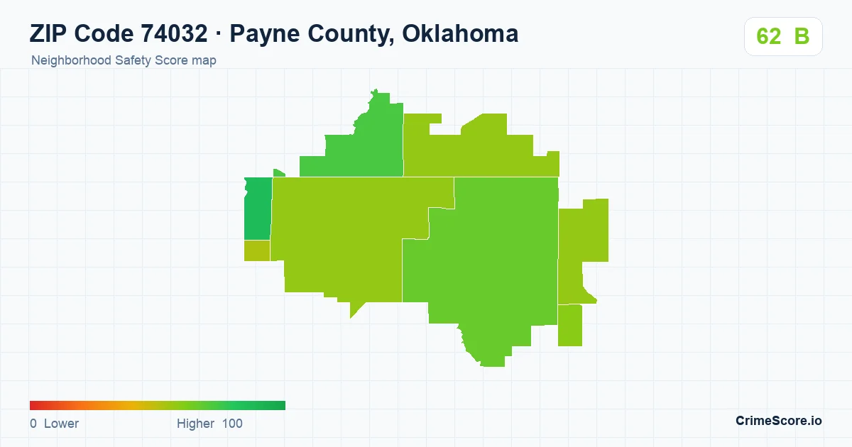 ZIP Code 74032 in Payne County, Oklahoma neighborhood Safety Score map