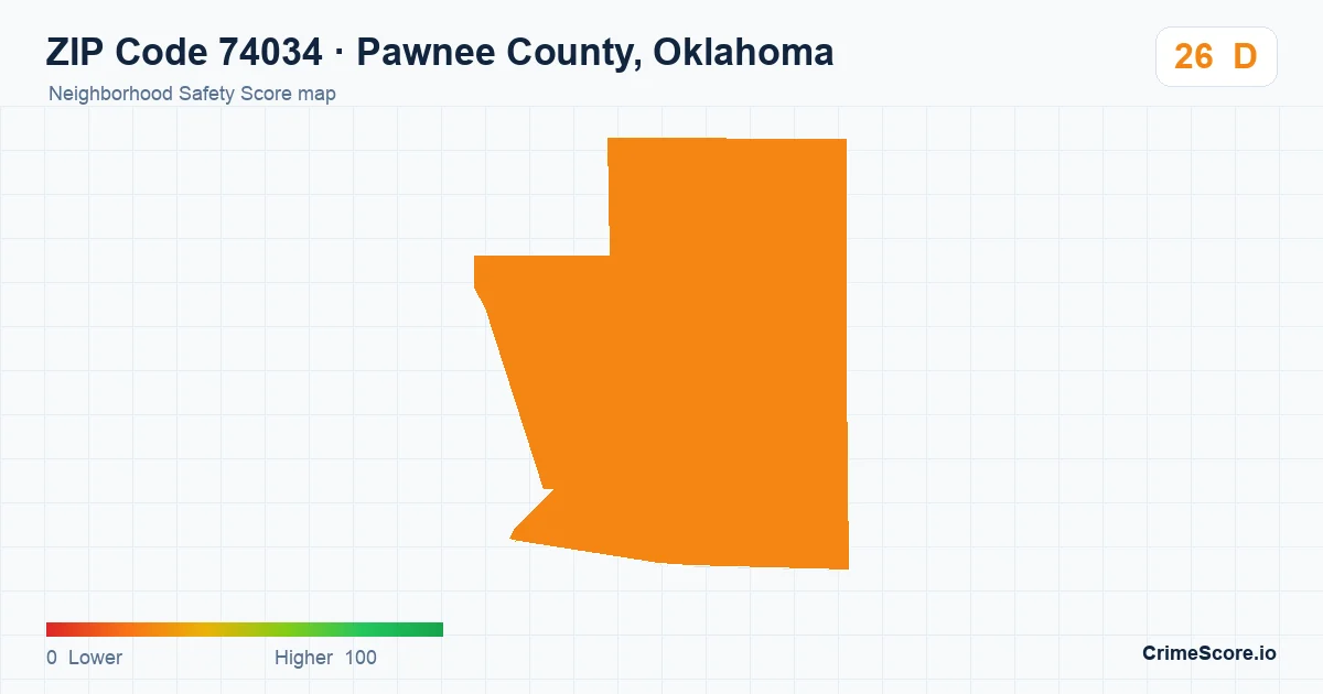 ZIP Code 74034 in Pawnee County, Oklahoma neighborhood Safety Score map