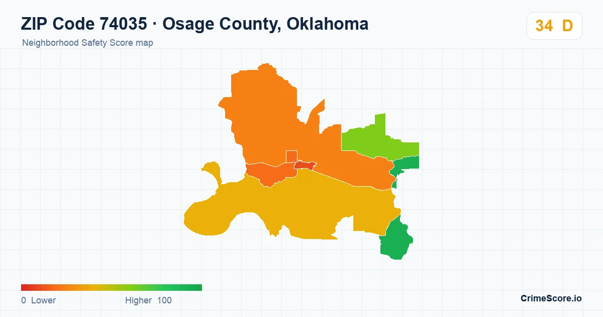 ZIP Code 74035 in Osage County, Oklahoma neighborhood Safety Score map