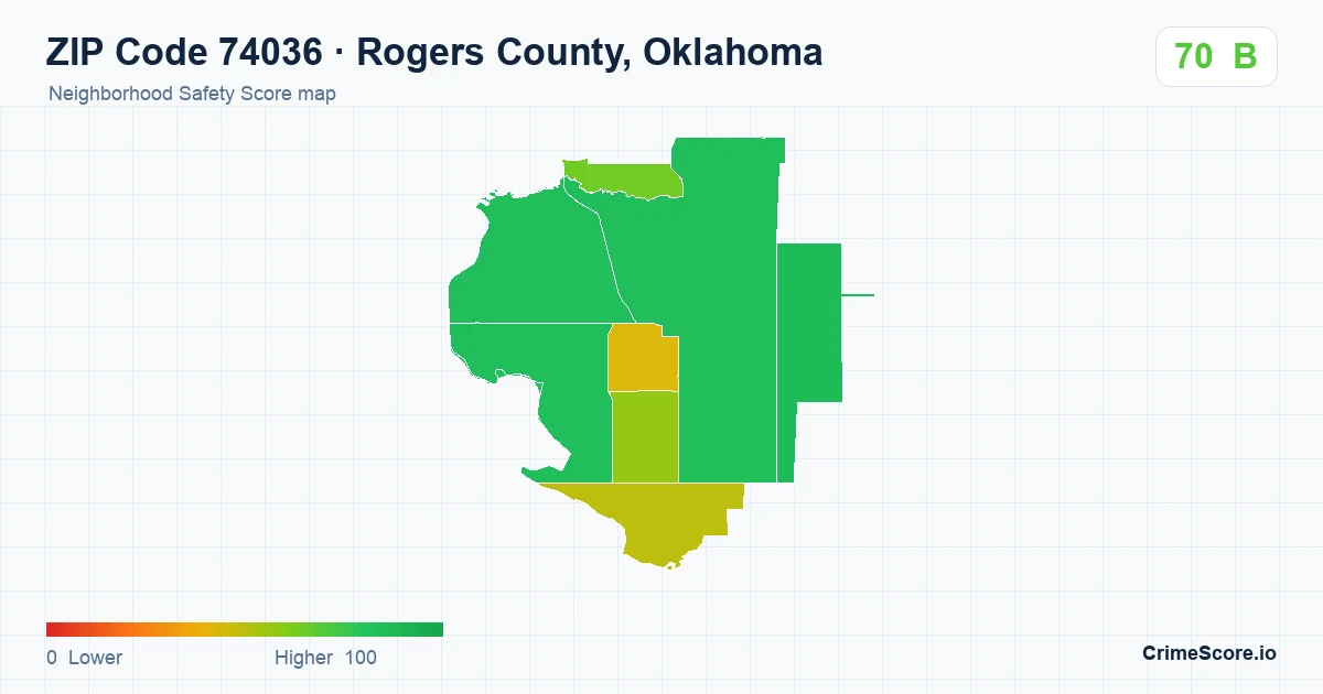 ZIP Code 74036 in Rogers County, Oklahoma neighborhood Safety Score map