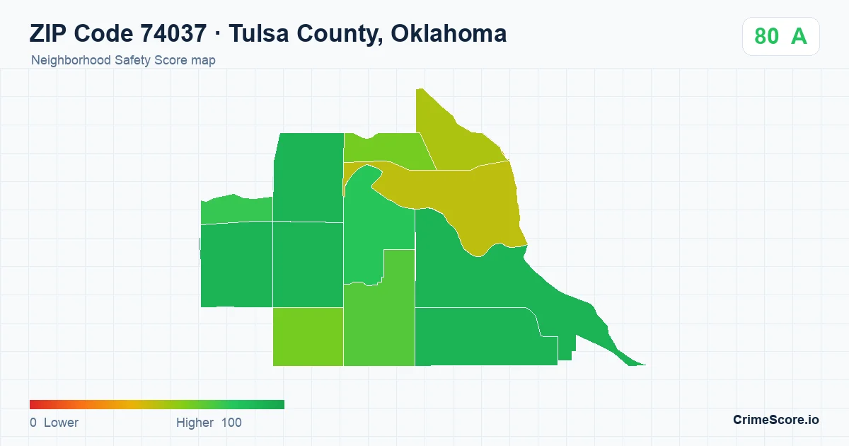 ZIP Code 74037 in Tulsa County, Oklahoma neighborhood Safety Score map