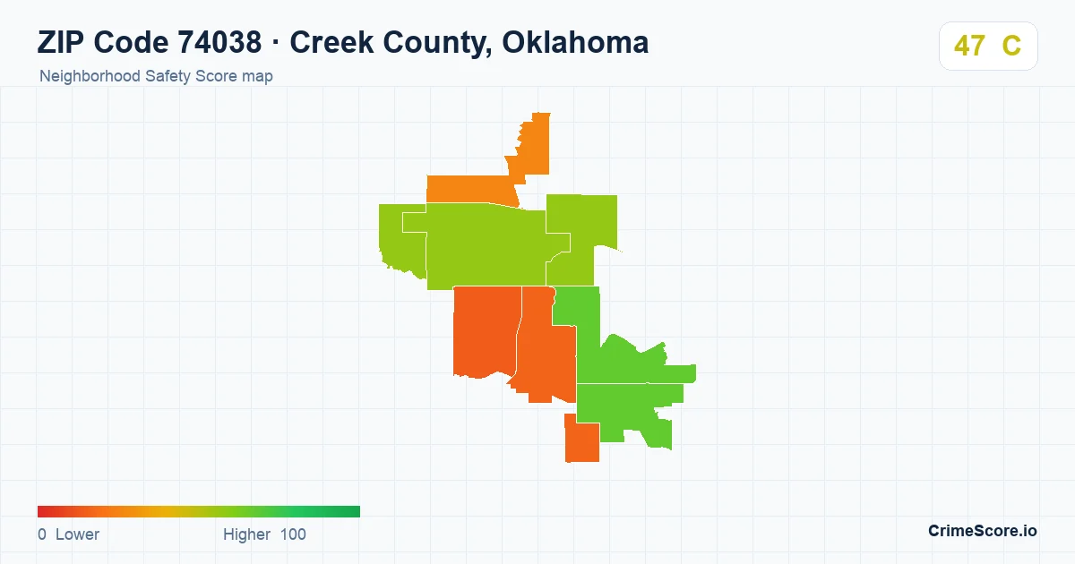 ZIP Code 74038 in Creek County, Oklahoma neighborhood Safety Score map