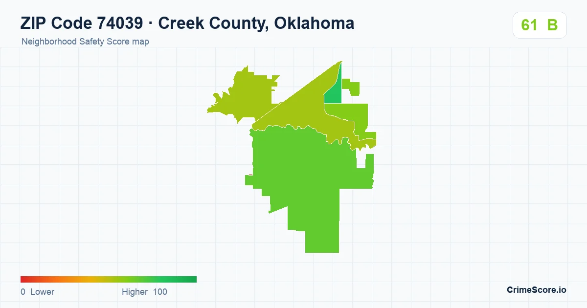 ZIP Code 74039 in Creek County, Oklahoma neighborhood Safety Score map