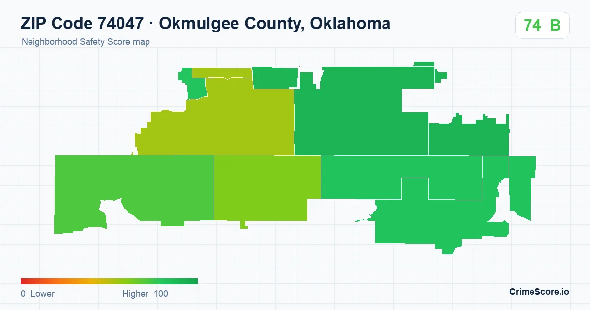 ZIP Code 74047 in Okmulgee County, Oklahoma neighborhood Safety Score map