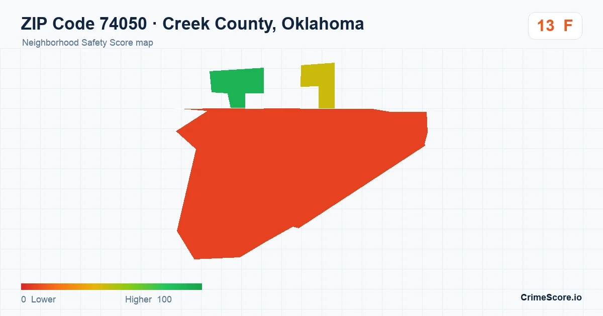 ZIP Code 74050 in Creek County, Oklahoma neighborhood Safety Score map
