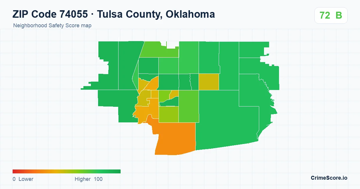 ZIP Code 74055 in Tulsa County, Oklahoma neighborhood Safety Score map