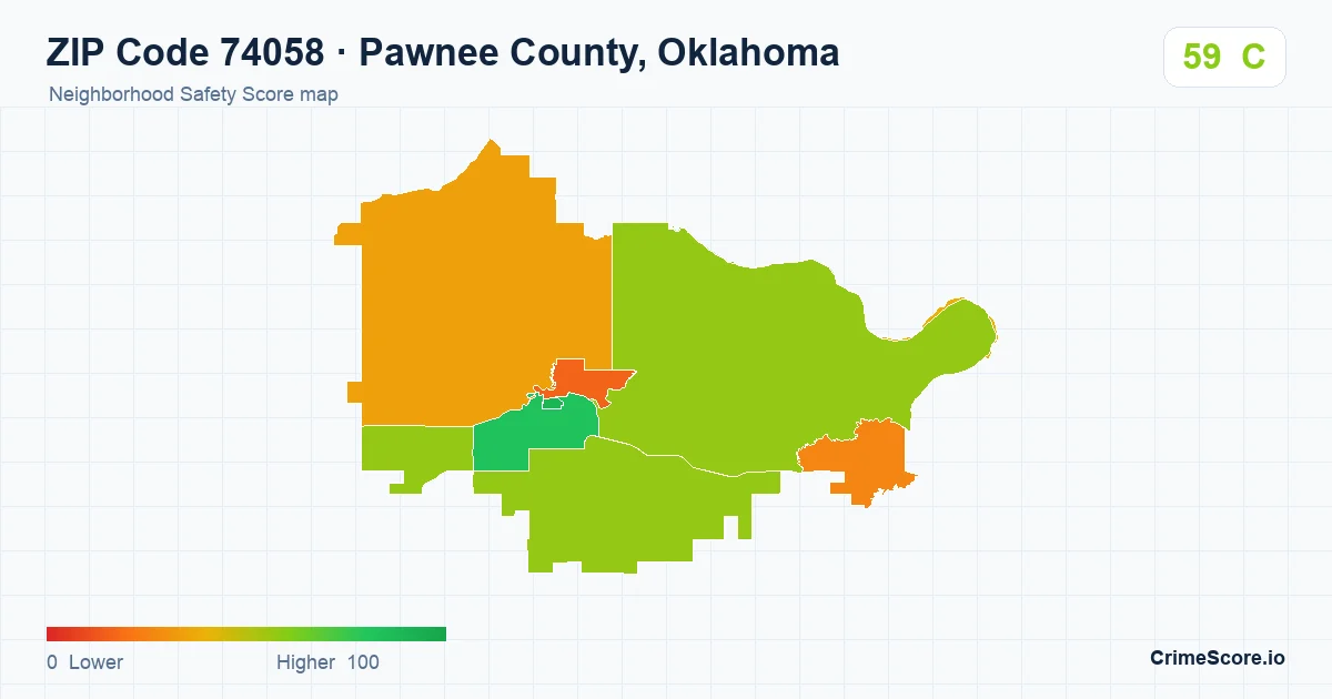 ZIP Code 74058 in Pawnee County, Oklahoma neighborhood Safety Score map